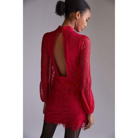 Anthropologie Maeve Open Back Lace Mini Dress Raspberry 12 Pockets Romantic Date - Picture 3 of 16